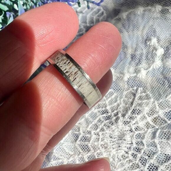 Woodsman Deer Antler Inlay Platinum Band Ring Unisex 8.75 - Picture 6 of 11